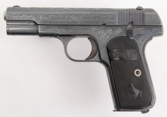 Exceptional Engraved Colt, Model 1903 Hammerless Pocket Automatic, .32 Colt,