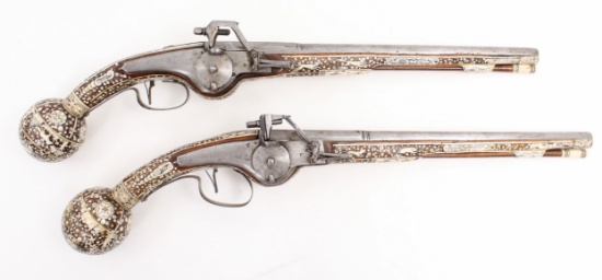 *Unknown Dutch Manufacture, Pair of Profusely inlaid bone & ivory pistols, .50 cal,