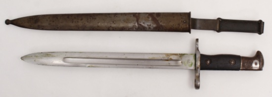 U.S. Model 1892 Krag Jorgensen rifle bayonet dated 1901 with an 11.5" blade, metal sheath and hanger