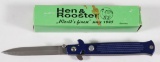 Hen & Rooster Germany HR098S stiletto linerlock with blue aluminum handles and original box.