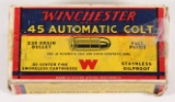 Mostly full box Winchester .45 Automatic Colt box containing assorted head stamped ammunition.
