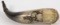 Scrimshaw powder horn with scene of mountain man on horse having small hole