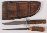 Russell Green River knife & steel in leather pouch, 9.75 overall length.