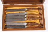 Russell Green River 6 dinner knives with antler handles, cased set. Part of