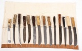 knife bedroll of (14) Russell Green River Butcher cutlery knives, some stil