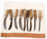 knife bedroll of (9) Russell Green River and other cutlery knives, longest