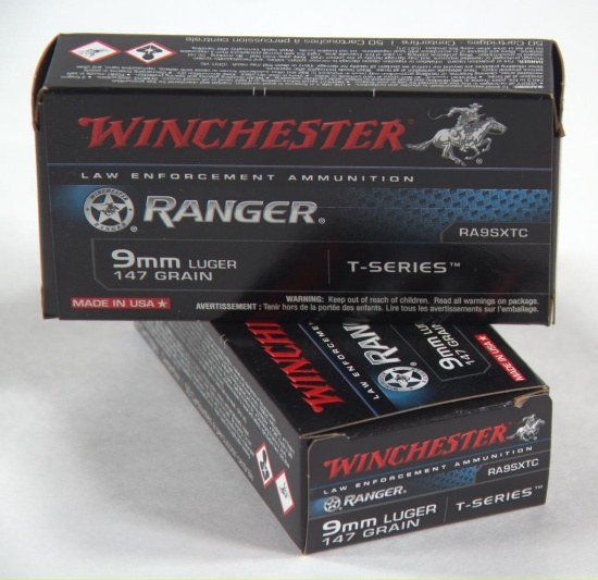 9mm Luger hollow point ammunition, 2 boxes Winchester Law