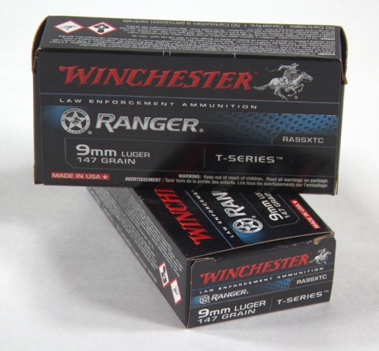 9mm Luger hollow point ammunition, 2 boxes Winchester Law