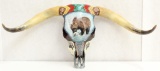 Native American motif painted Longhorn skull by