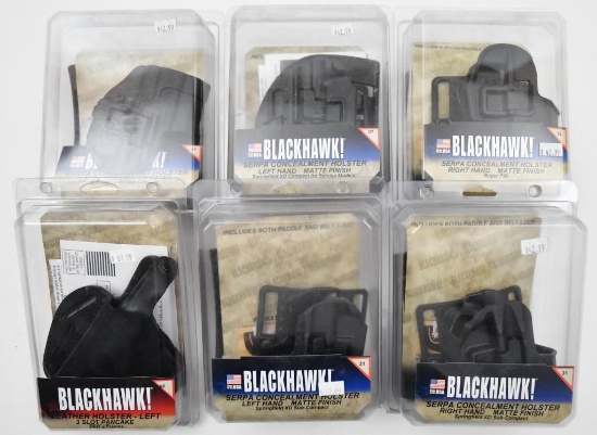 (6) Blackhawk holsters, five are Serpa to include