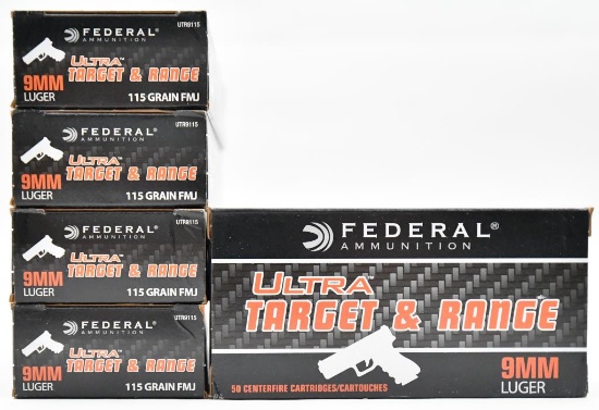 9mm Luger ammunition (5) boxes Federal