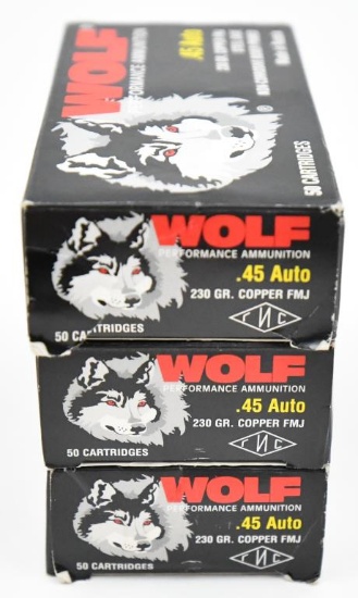 .45 Auto ammunition (3) boxes Wolf 230 grain