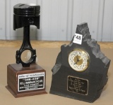 Slate clock trophy and Piston trophy