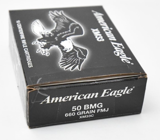 .50 BMG ammunition, one box American Eagle 660 grain FMJ, 10 rounds in box,