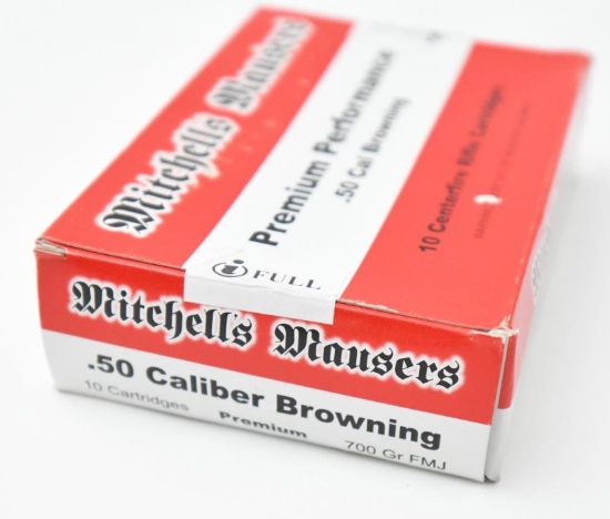 .50 BMG ammunition, one box Mitchell's Mausers 700 grain FMJ, 10 rounds in box,