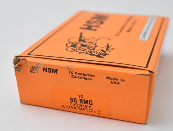 .50 BMG ammunition, one box HSM 750 grain A-MAXX MATCH, 10 rounds in box,