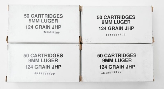 9 mm Luger ammunition, (4) boxes Federal Cartridge Company, 124 grain JHP, 50 rounds per box,