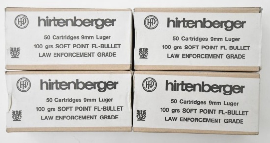 9 mm Luger ammunition, (4) boxes HIRTENBERGER 100 grain, soft point, FL-Bullet Law Enforcement Grade