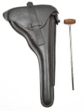 Artillery Luger leather holster with period fortified backer board. Brass retaining post for cleanin