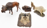 assorted lot of statues and wall plaques to include; heavy rock wood bison and wolf, leather moose, 