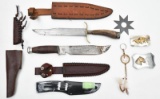 assorted lot include; Bowie style fixed blade knife with blade measuring approximately 9.5