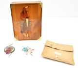 wooden Indian carved hinged lid box with brass corners containing skull beads, porcupine quills 100+