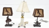 pair Southwestern theme metal table lamps and white deer hoof light, tallest measuring 21