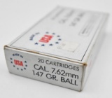 7.62 x 51 mm ammunition - (1) box Olin Winchester 147 gr. Ball 20 rd box, UPS SHIP ONLY