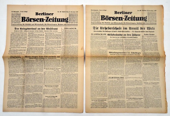 (2) WWII German "Berliner/Borsen-Zeitung" newspaper from October & November 1939 showing some wear