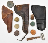 lot of Early tooled leather revolver holsters, bridle button/Rosette, powder measure, (5) cap tins i