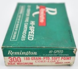 .300 H&H Magnum ammunition (1) box Remington Hi-Speed 180 grain PTD. Soft Point Core-Lokt (20) round