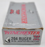 .204 Ruger ammunition (1) box Winchester 34 grain JHP (20) round box, UPS SHIP ONLY