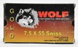 7.5x55 Swiss ammunition (1) box Wolf Gold Performance 174 grain Copper SP brass case, (20) round box