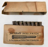 .30 Army Full Patch ammunition (15) rounds total in an early two piece box that does show deteriorat