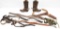 Lot to include 10.5 EE cowboy boots with spurs and assorted gun belts with holsters.