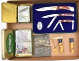 Lot to include 3 piece Remington knife set in tin, two sets of Remington playing cards,