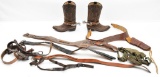 Lot to include 10.5 EE cowboy boots with spurs and assorted gun belts with holsters.