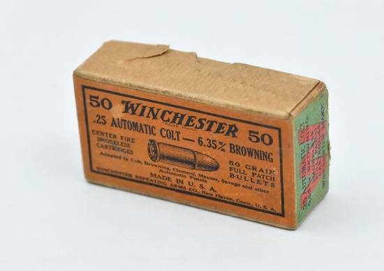 Early Winchester two piece box containing 50 rds factory .25 automatic colt ammunition. UPS Ship