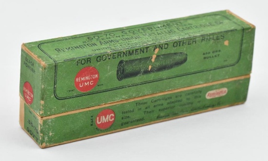 Early Remington UMC two piece box containing 20 rds. factory .50-70 Government ammunition,