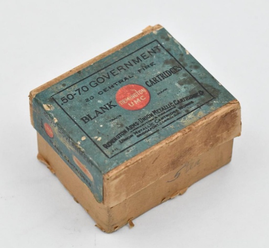 Early Remington UMC two piece box containing 20 rds factory .50-70 Government blank cartridges.