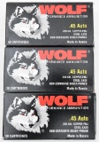 .45 AUTO ammunition - (3) boxes Wolf 230 gr. Copper FMJ 50 rd boxes. Selling three times the money.