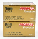 9mm Luger Ammunition - (2) boxes Federal Premium 124 gr. Hydra-shok JHP 20 rd boxes.