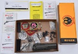 Assorted lot to include aluminum crest, patches & pins, SKS rifle rear receiver cover with rail
