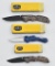 Buck boxed Model 288, 285, 284 folding knives, * 288 has a broken scale....