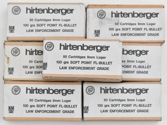 9mm Luger Law Enforcement Grade ammunition, (7) boxes Hirtenberger 100 grs. Soft Point FL-Bullets.