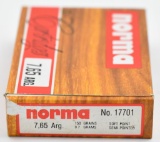 7.65 Argentine ammunition, (1) box Norma 150 grs. SP 20 round box....
