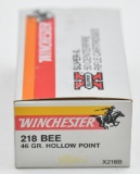 .218 Bee ammunition, (1) box Winchester 46 grs. Hollow Point 31 cartridges w/ (19) fired brass cases