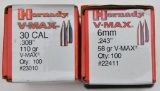 (2) Boxes Hornady V-Max bullets, one 30 cal. 110 grs. sealed, one is 6mm 58 grs. open.