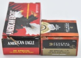 .38 special ammunition (2) boxes, one is American Eagle 130g rs. FMJ (50) rounds and