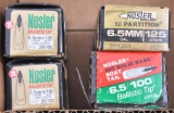 (4) Boxes Nosler 6.5mm bullets, three boxes are 100 grs. Ballistic Tip and